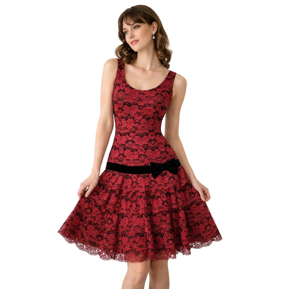 CAROL CRAIG NEW YORK Vintage 50s Lace Dress‎ Drop Waist Bow Red